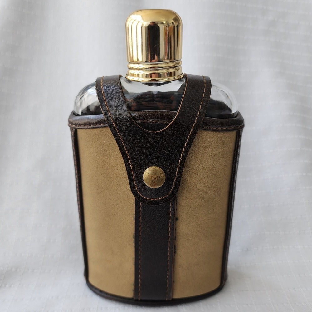 Vintage Ribbed Glass Hip Flask with Two Tone Faux Leather Snap Sleeve Gold Cap